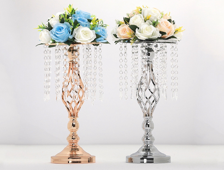 SHJ009 Elegant crystal beads metal wedding table flower stand gold metal wedding centerpiece